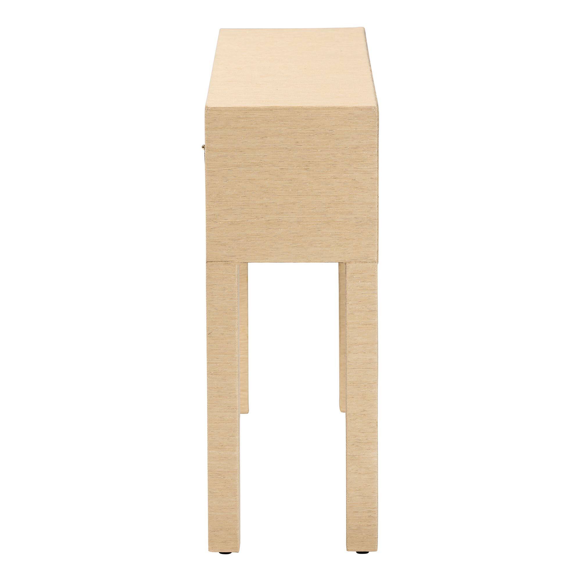 Back. bali & pari - Noah Grasscloth 2-Drawer Console Table - Woven Texture Entryway Table with Gold Ring Pulls, for Narrow Hallway - Light Brown/Gold.