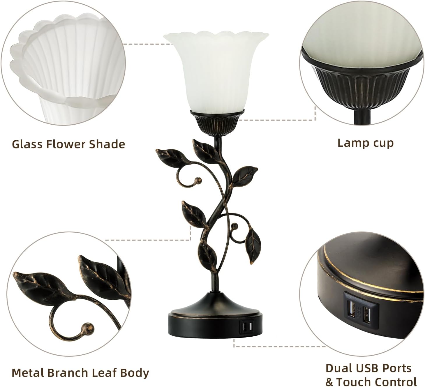 Glass Flower Shade Lamp cup Metal Branch Leaf Body Dual USB Ports & Touch Control