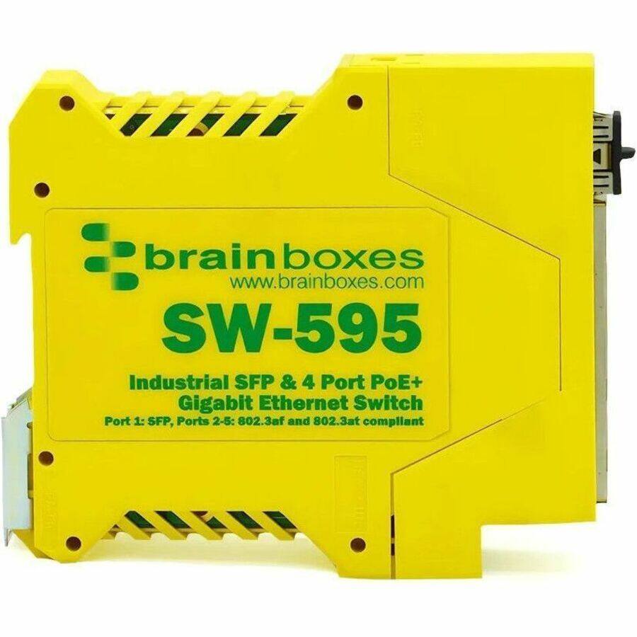 brainboxes  
www.brainboxes.com  
SW-595  
Industrial SFP & 4 Port PoE+ Gigabit Ethernet Switch  
Port 1: SFP, Ports 2-5: 802.3af and 802.3at compliant