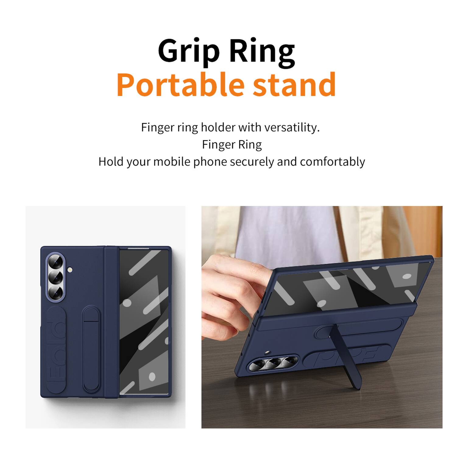 Grip Ring Portable Stand

Finger ring holder with versatility.  
Finger Ring  
Hold your mobile phone securely and comfortably