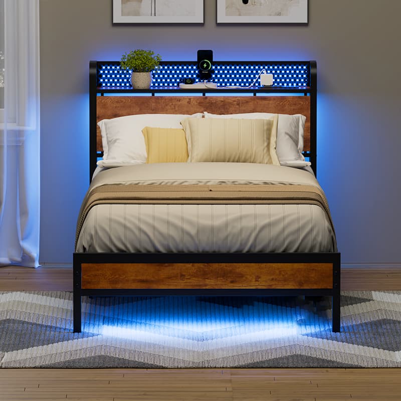 Furnulem - Bed Frame with Storage Headboard Metal Platform Bed Frame LED Lights and Charging Station - Brown