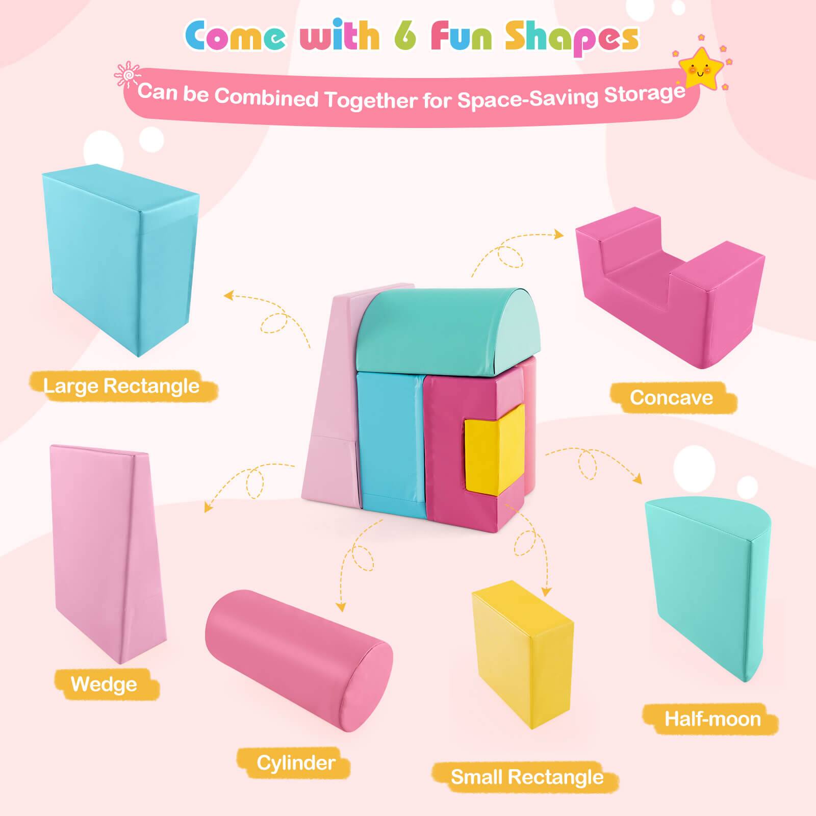 Come with 6 Fun Shapes  
Can be Combined Together for Space-Saving Storage  

- Large Rectangle  
- Concave  
- Wedge  
- Cylinder  
- Small Rectangle  
- Half-moon