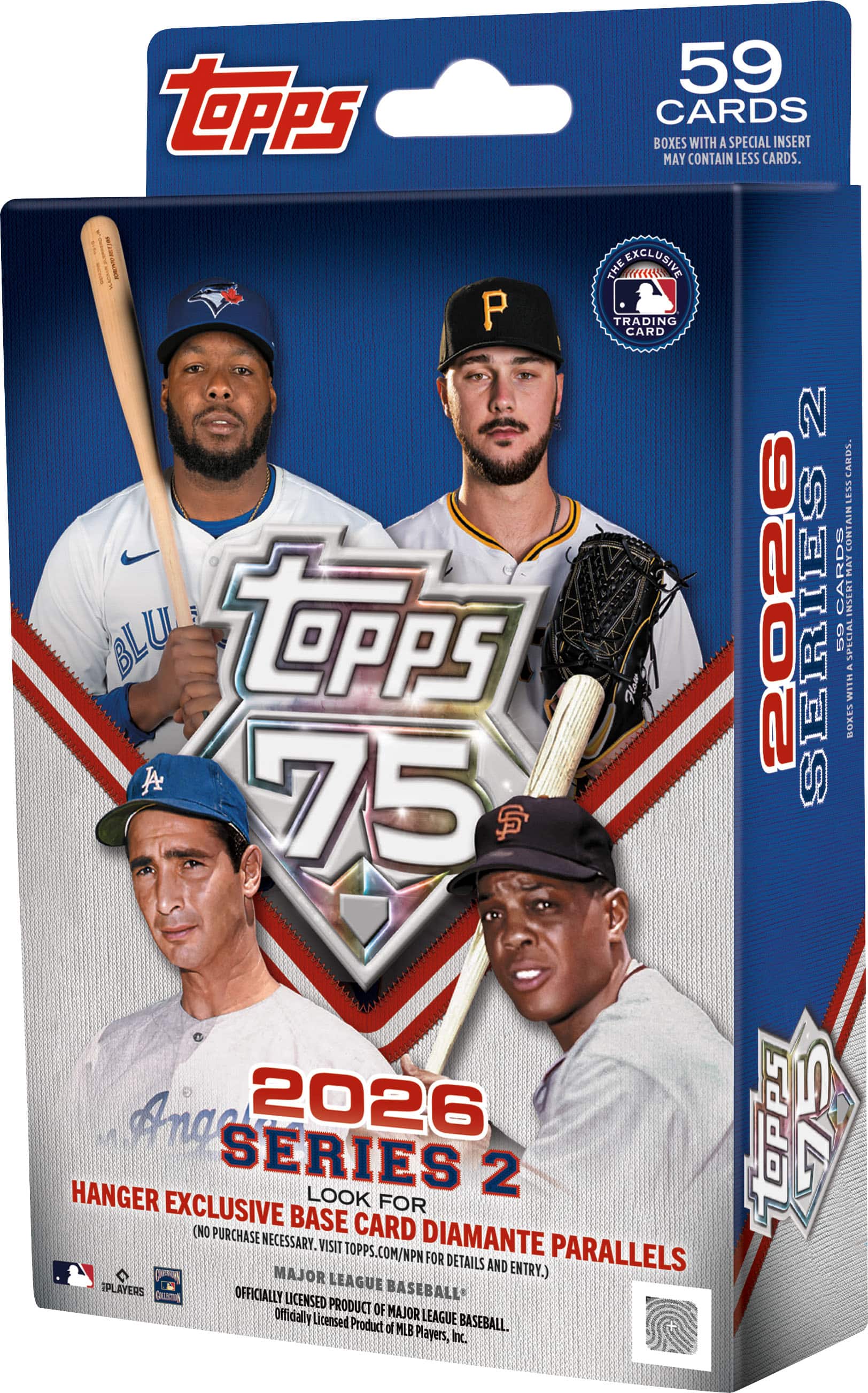 Topps 59 Cards Box with a special insert may contain less cards. The exclusive He P Trading Card Blu Topps 75 SF Anger 2026 Series 2 Hanger Exclusive Look for (no base card purchase necessary. Diamente visit topps.com/npn parallels for details and entry.) Players League Baseball. Officially Licensed Product of Major League Baseball.