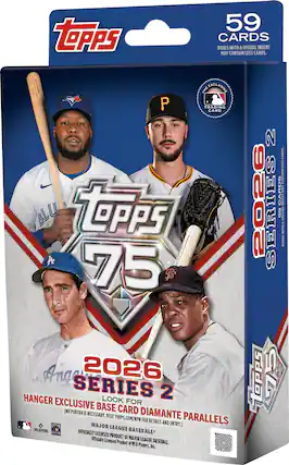 Topps 59 Cards Box with a special insert may contain less cards. The exclusive He P Trading Card Blu Topps 75 SF Anger 2026 Series 2 Hanger Exclusive Look for (no base card purchase necessary. Diamente visit topps.com/npn parallels for details and entry.) Players League Baseball. Officially Licensed Product of Major League Baseball.
