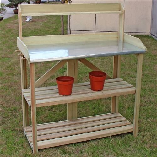 Angle. SlickBlue - Garden Potting Bench Workstation for Outdoors with Metal Table Top - Natural.