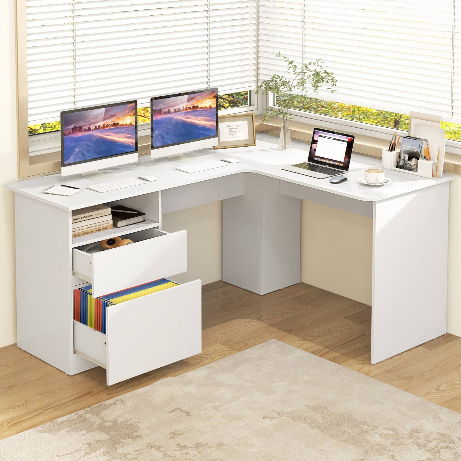 Alt View 8. Ecooso - L-Shaped Computer Desk with File Drawer, Corner Workstation for Home Office and Study Room - White.