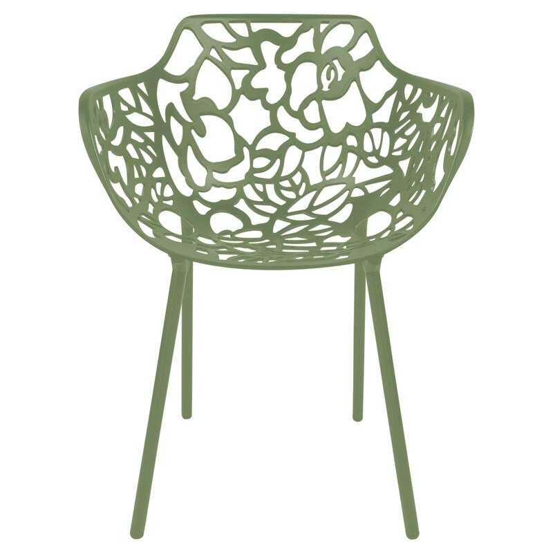 Left. LeisureMod - Set of 2 Devon Aluminum Dining Chair with UV-Protected Aluminum Frame Floral Cutout Design for Indoor Outdoor - Khaki Green.