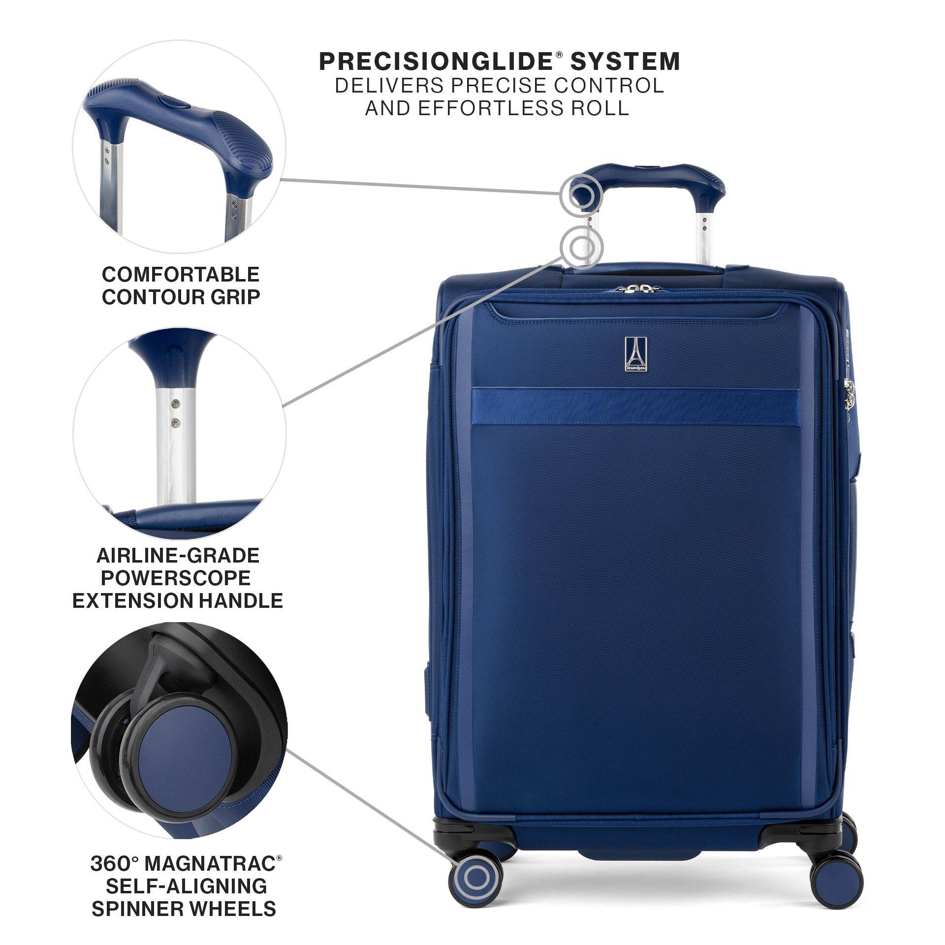 PRECISIONGLIDE® SYSTEM DELIVERS PRECISE CONTROL AND EFFORTLESS ROLL  
COMFORTABLE CONTOUR GRIP  
AIRLINE-GRADE POWERSCOPE EXTENSION HANDLE  
360° MAGNATRAC® SELF-ALIGNING SPINNER WHEELS