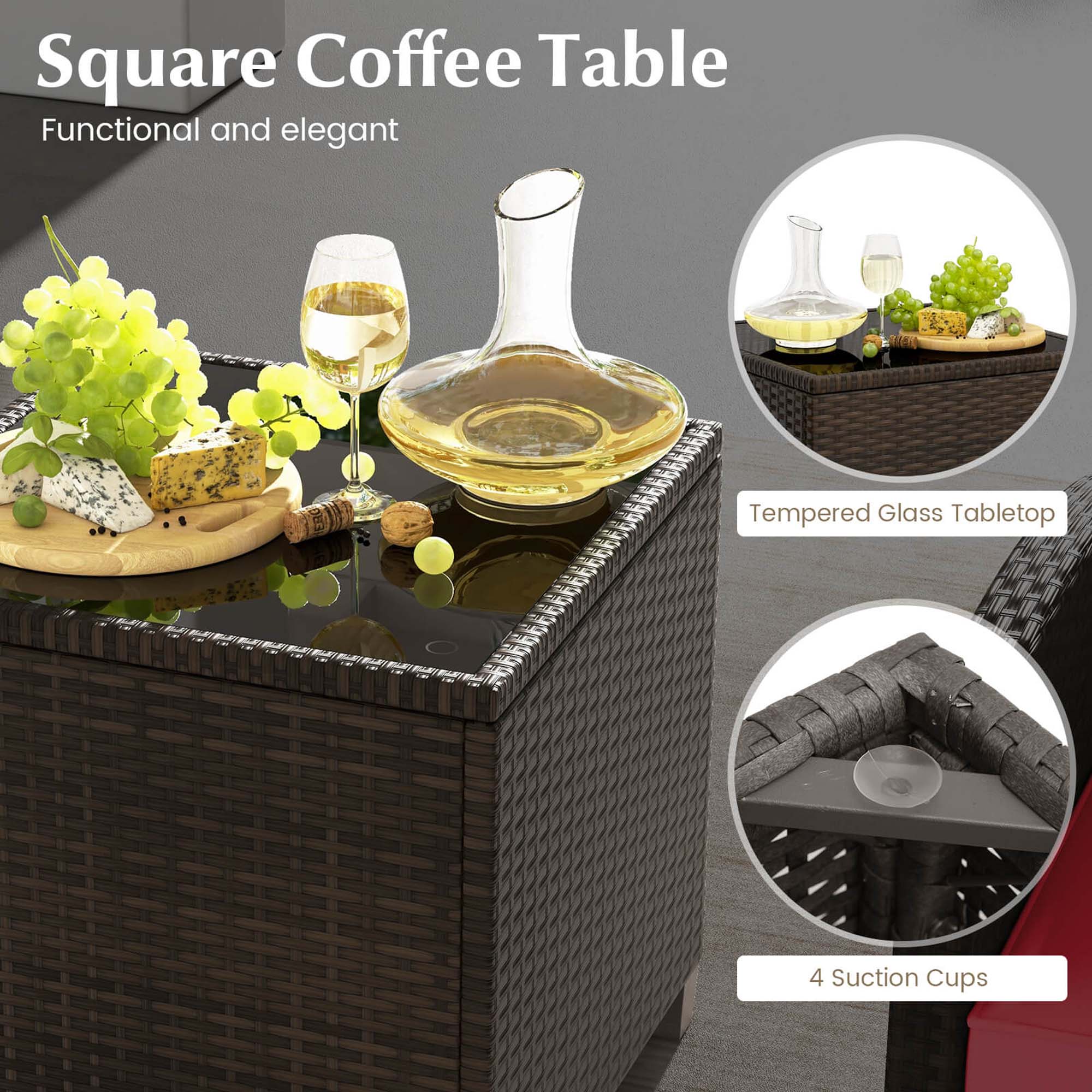 Square Coffee Table Functional and elegant Tempered Glass Tabletop 4 Suction Cups