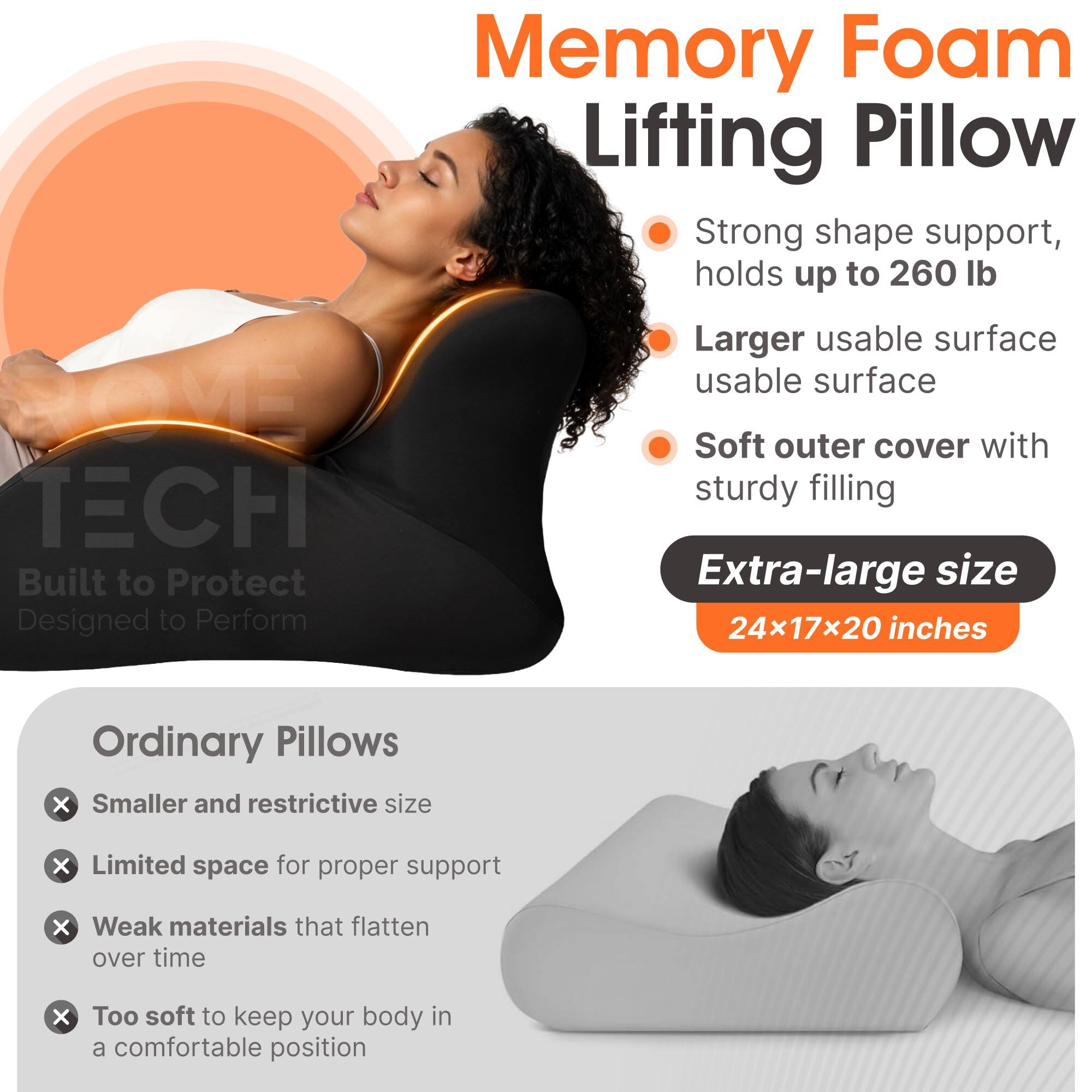 Memory Foam Lifting Pillow  
Strong shape support, holds up to 260 lb  
NOVE TECH  
Built to Protect Designed to Perform  
Larger usable surface  
Soft outer cover with sturdy filling  
Extra-large size 24x17x20 inches  

Ordinary Pillows  
X Smaller and restrictive size  
X Limited space for proper support  
X Weak materials that flatten over time  
X Too soft to keep your body in a comfortable position