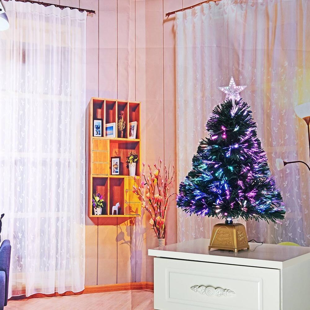 Angle. RTMB - 24" Green Fiber Optic Mini Christmas Tree, Pre-Lit Tabletop Holiday Decor - Green.