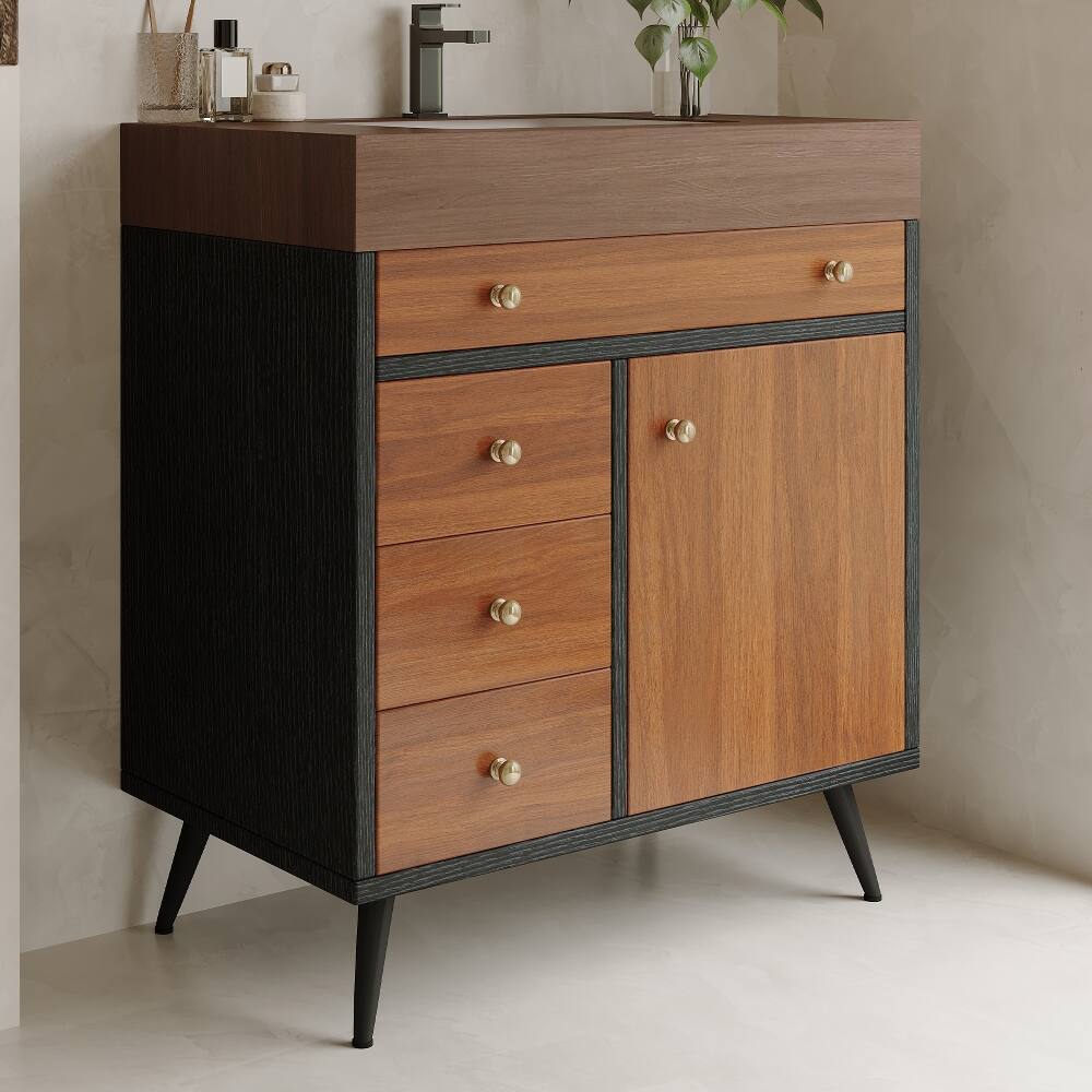 Back. Loheer - Loheer 30 inch bathroom vanity with sink Walnut Mid-Century Modern Freestanding Cabinet - Walnut.