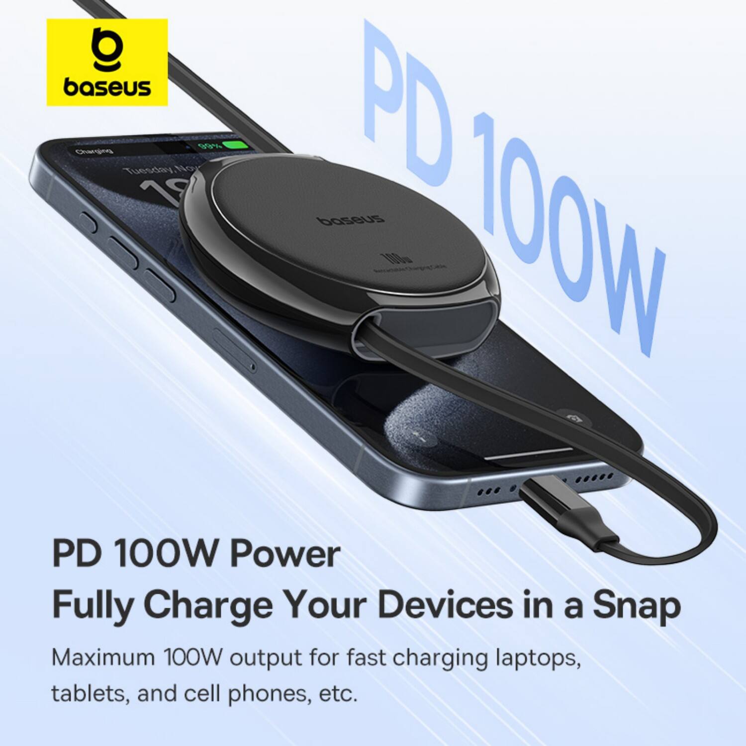Baseus 100W PD 100W Power: Fully Charge Your Devices in a Snap. Maximum 100W output for fast charging laptops, tablets, and cell phones, etc.