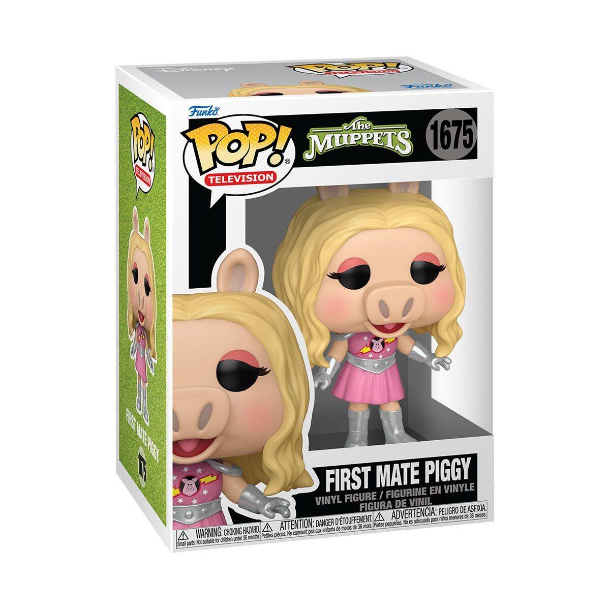 Sure, here is the corrected and grouped text from the image:

---

**Funko POP!**  
**TELEVISION**  
**The Muppets**  
**1675**

**FIRST MATE PIGGY**  
**VINYL FIGURE / FIGURINE EN VINYLE / FIGURA DE VINIL**

**WARNING: CHOKING HAZARD**  
**ATTENTION: PELIGRO DE ASFIXIA**  
**ADVERTENCIA: PEQUEÑOS OBJETOS QUE PUEDE SER INGESTADOS POR NIÑOS DE HASTA 3 AÑOS**

**Small parts. Not for children under 3 years.**  
**Pequeños objetos. No apto para niños menores de 3 años.**

---

This text is from the packaging of the Funko Pop! vinyl figure of First Mate Piggy from The Muppets.