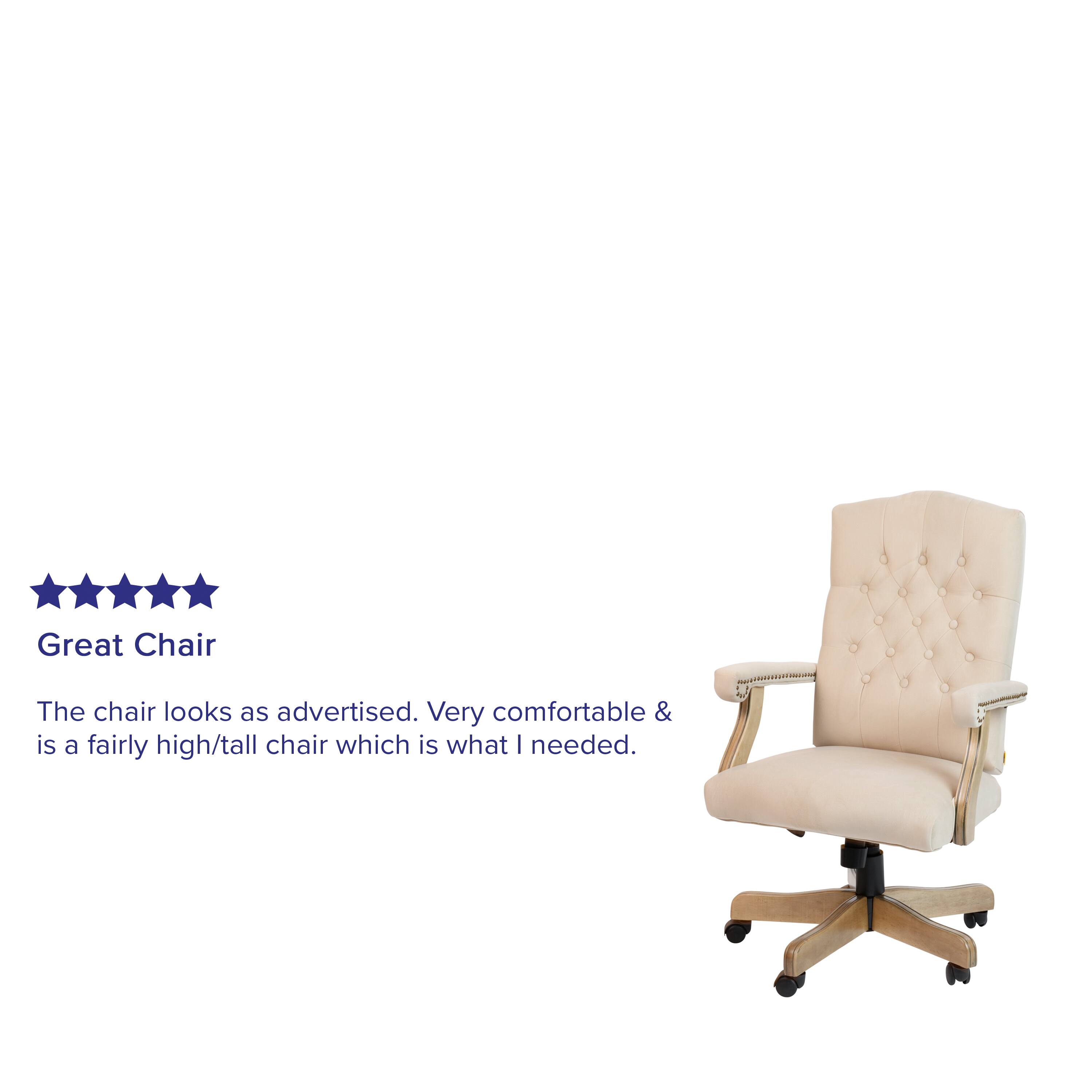 Great Chair

The chair looks as advertised. Very comfortable & is a fairly high/tall chair which is what I needed.