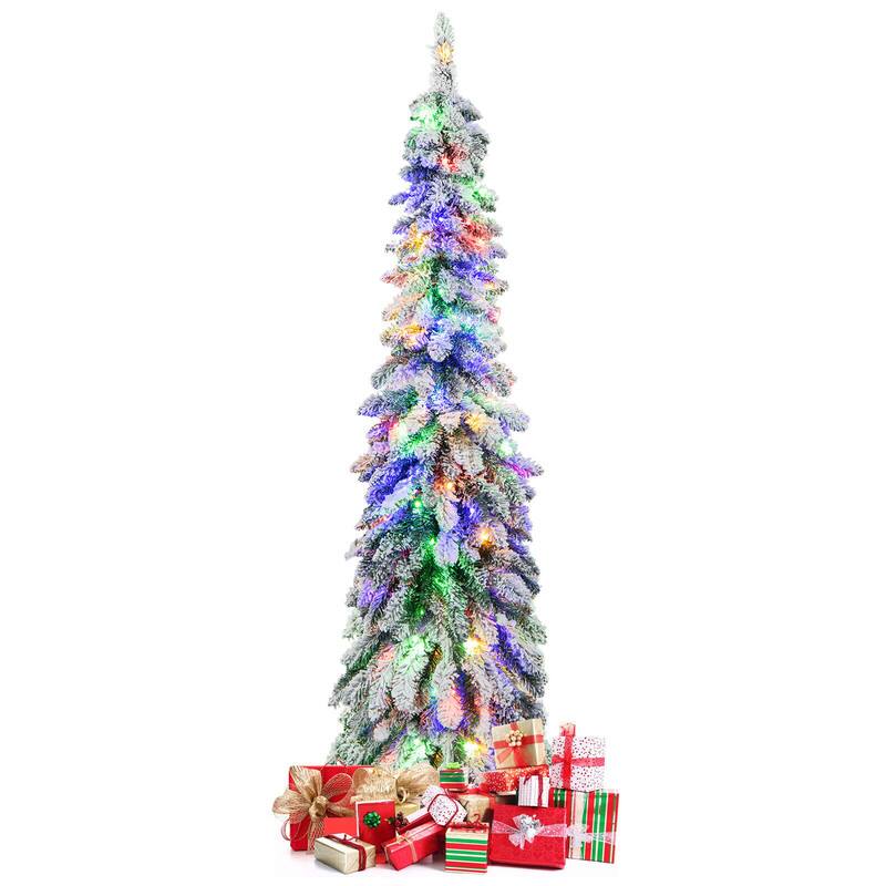 Angle. WELLFOR - 5 ft Pre‑lit Snow‑Flocked Slim Pencil Christmas Tree with 334 Branch Tips,150 LED Lights‑Holiday Indoor Decoration - White & Green.