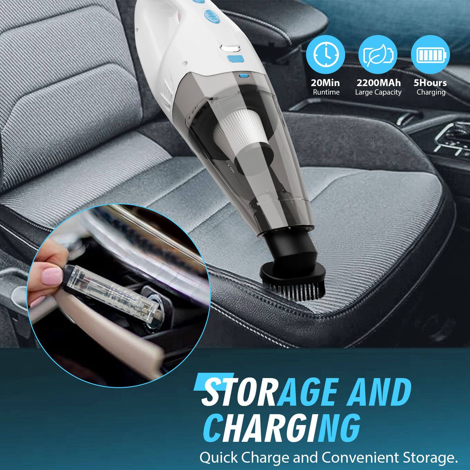 20Min Runtime  
2200mAh Large Capacity  
5Hours Charging  

STORAGE AND CHARGING  
Quick Charge and Convenient Storage.