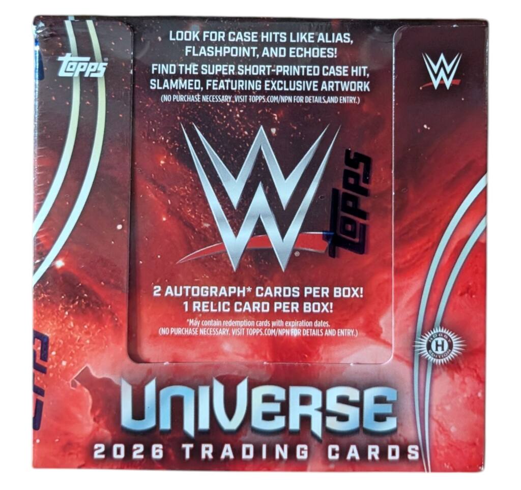 topps

LOOK FOR CASE HITS LIKE ALIAS, FLASHPOINT, AND ECHOES! FIND THE SUPER SHORT-PRINTED CASE HIT, SLAMMED, FEATURING EXCLUSIVE ARTWORK (NO PURCHASE NECESSARY. VISIT TOPPS.COM/NPN FOR DETAILS AND ENTRY.)

TOPPS 2 AUTOGRAPH* CARDS PER BOX! 1 RELIC CARD PER BOX! "May contain redemption cards with expiration dates. (NO PURCHASE NECESSARY. VISIT TOPPS.COM/NPN FOR DETAILS AND ENTRY.) 

WWE UNIVERSE 2026 TRADING CARDS