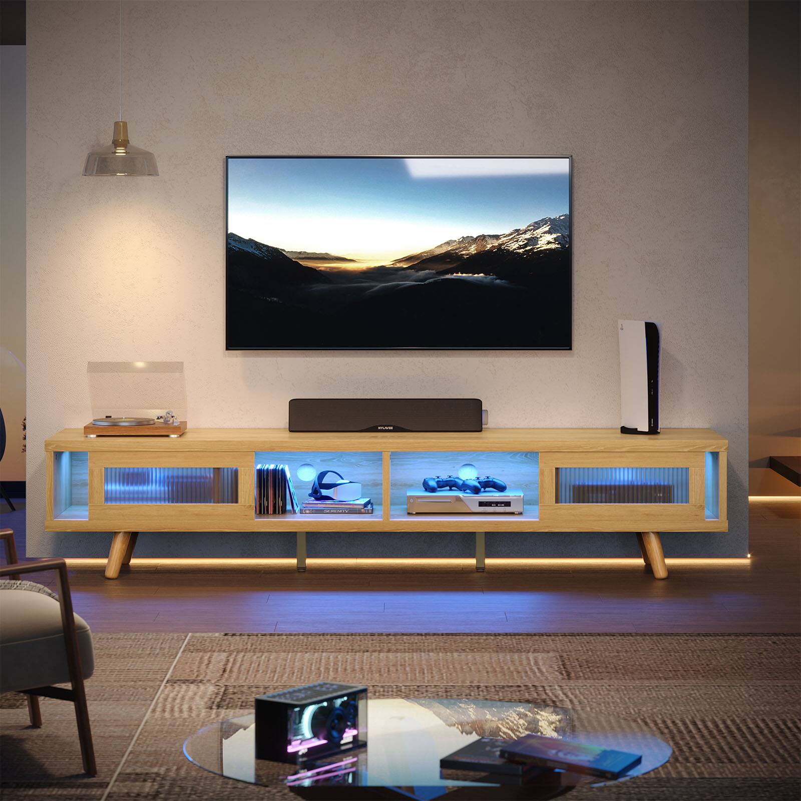 Alt View 1. Bestier - 70" LED TV Stand Mid-Century Modern Gaming Entertainment Center with Sliding Glass Door - Natural Wood.