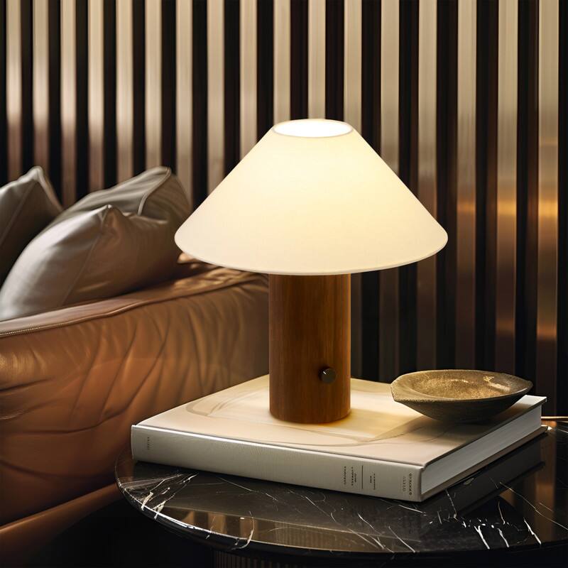 Alt View 2. Brightech - Oakley LED Midcentury Modern Dimmable Bedside Nightstand Desk Lamp - Walnut Brown Wood.