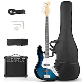 Winado - Electric Kjazz Bass Guitar with 20W AMP | 4 String Bass Guitar Kit Includes AMP, Bag, Shoulder Strap, Guitar Pick - Blue