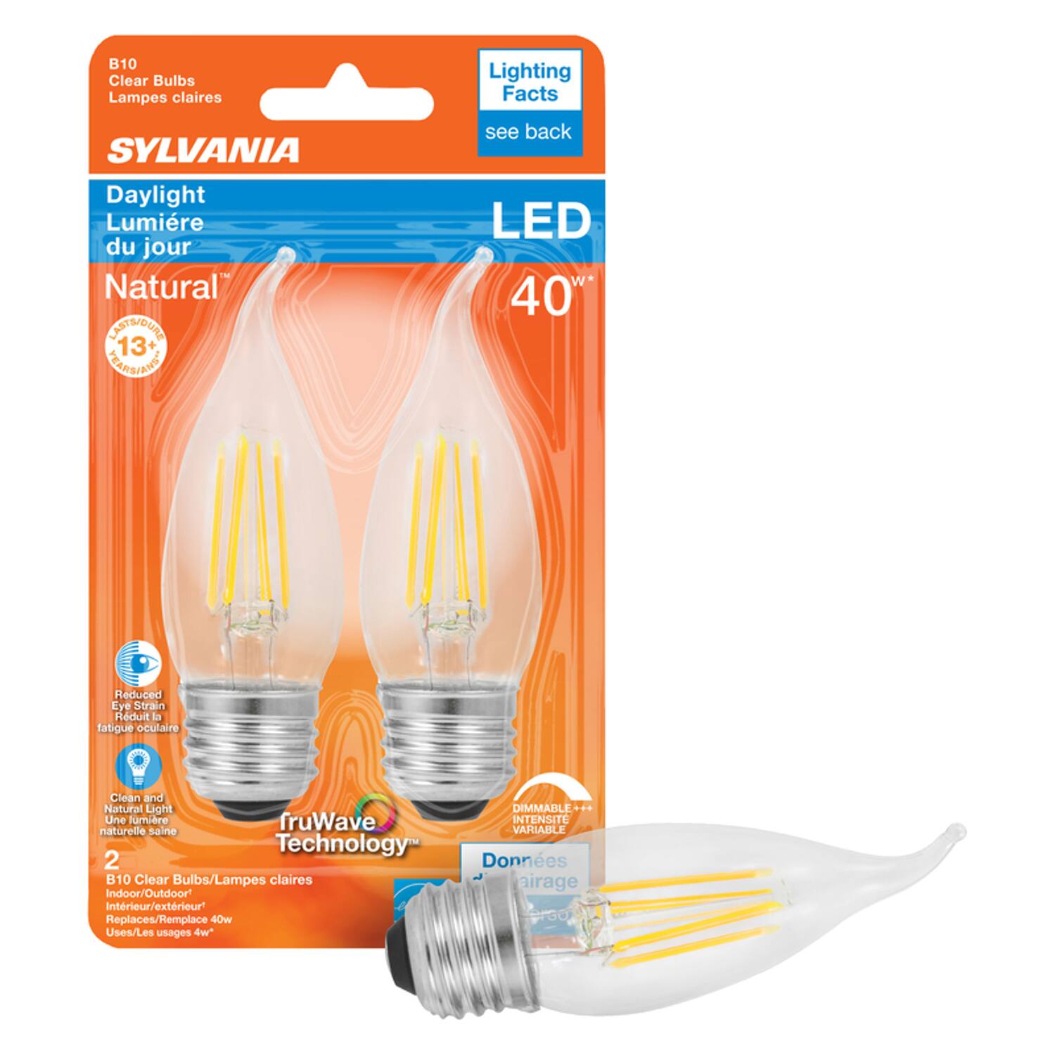 B10 Clear Bulbs Lampes claires Lighting Facts SYLVANIA Daylight Lumière du jour Natural ISTECBUN 13+ IRBIA see back LED 40T Reduced re Strain Rlduit la fatigue oculaire Clean and Natural Light DIMMABLE+ .. Une lumière fruWave INTENSITE naturelle saine VARIABLE Technology 2 Donnes B10 Clear Bulbs/Lampes claires airage Indoor/Outdoor Intérieur/extérieur Replaces/Remplace 40w Uses/Les usages ow*