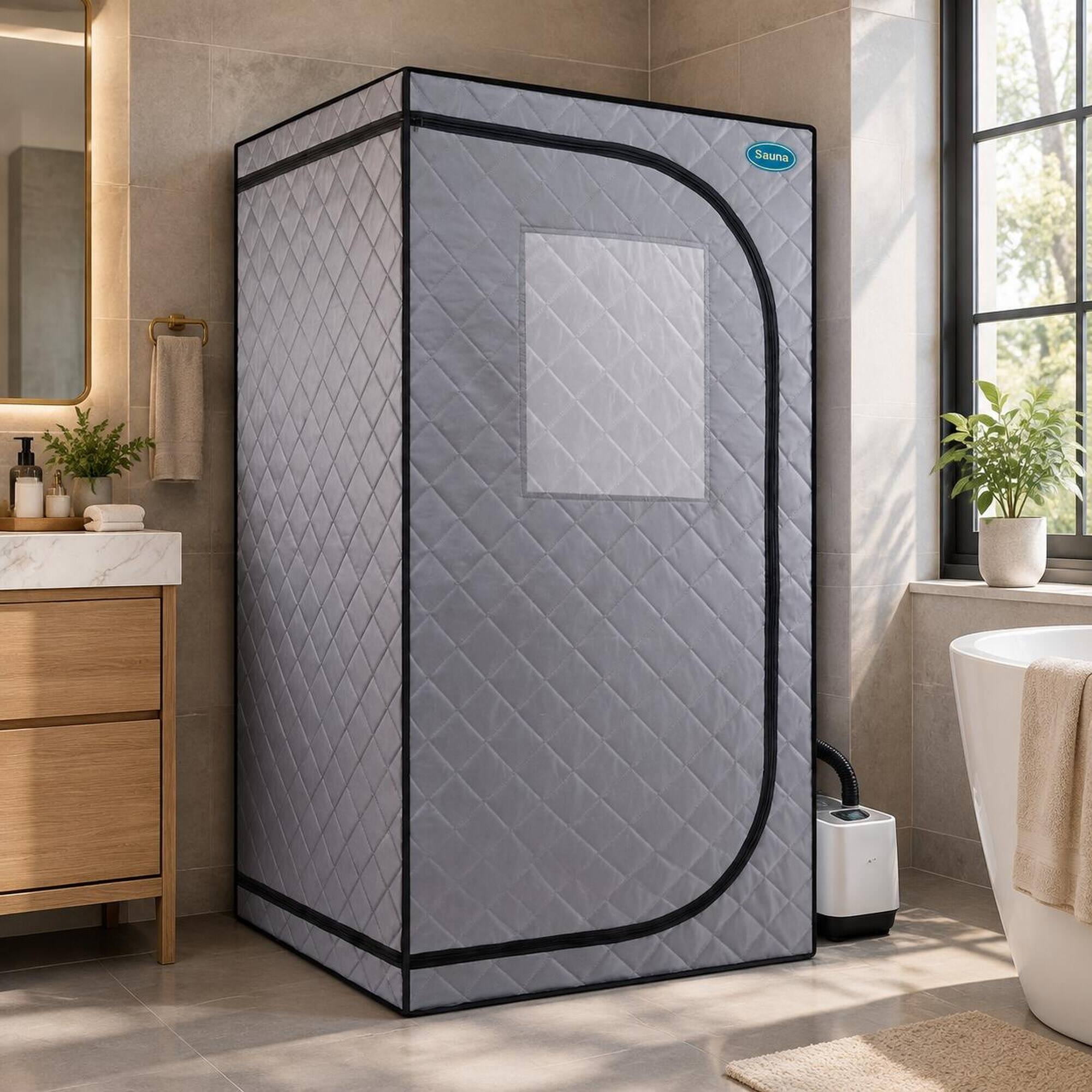 Back. RYHNUYNE - Portable Grey Steam Sauna Tent, Personal Home Spa, 2.2L Steam Generator, Remote Control, Foldable Chair, PVC Pipe - Cement Grey.