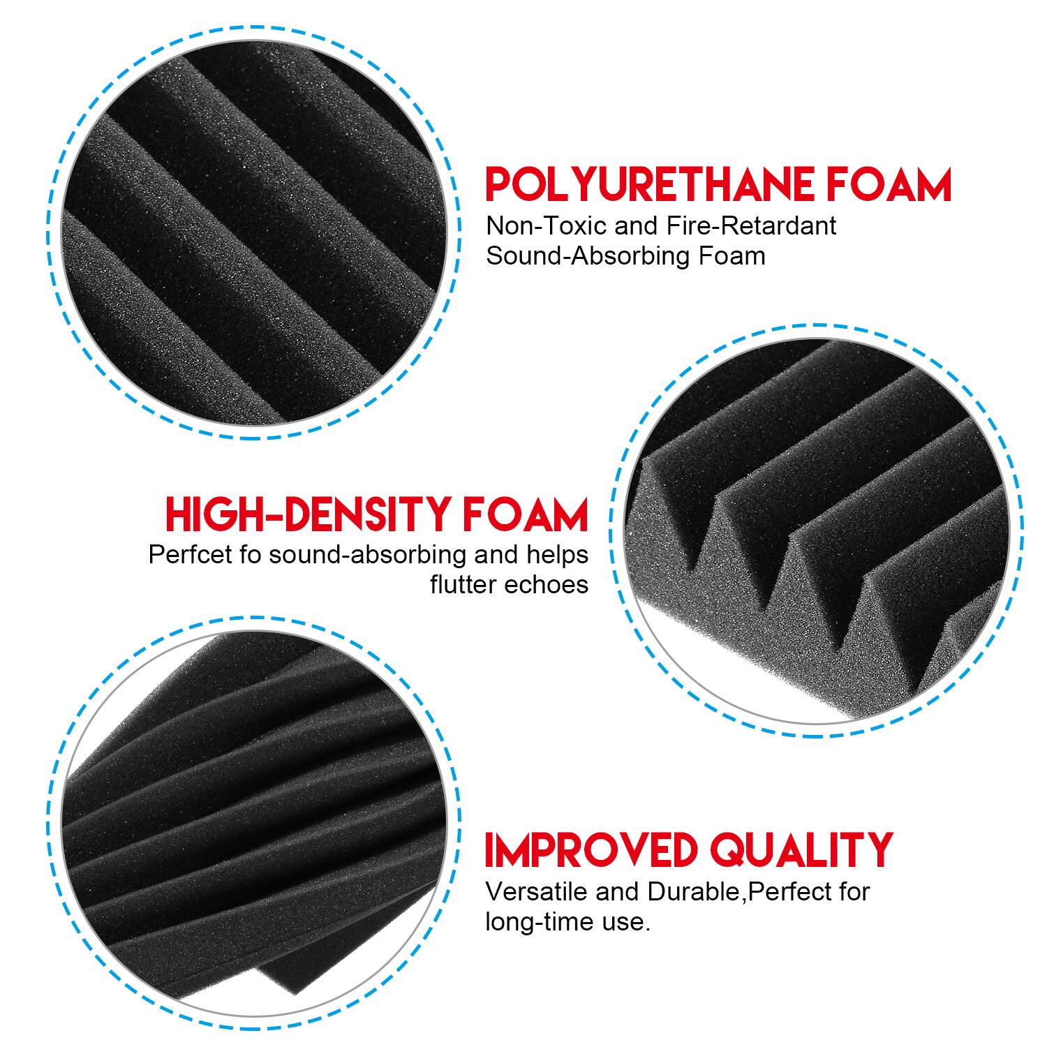 POLYURETHANE FOAM Non-Toxic and Fire-Retardant Sound-Absorbing Foam

HIGH-DENSITY FOAM Perfect for sound-absorbing and helps flutter echoes

IMPROVED QUALITY Versatile and Durable, Perfect for long-time use.