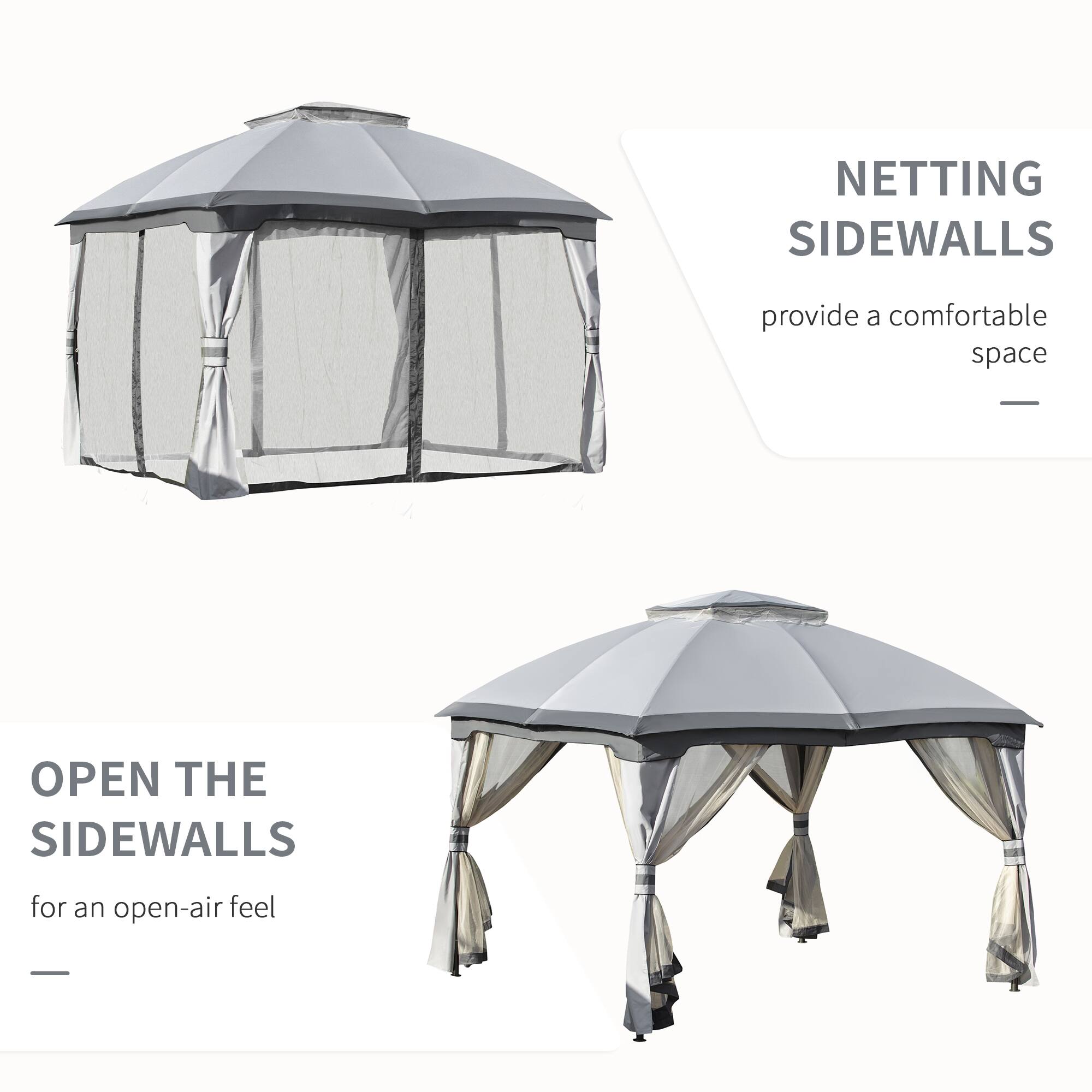 NETTING SIDEWALLS provide a comfortable space - OPEN THE SIDEWALLS for an open-air feel -
