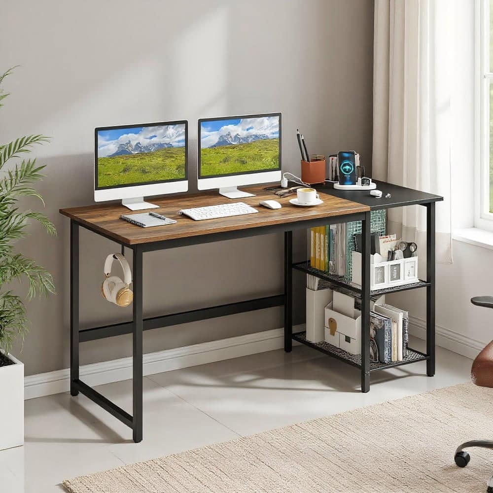 Kadyn - 59 Inch Home Office Computer Desk with Removable Storage Shelves-Rustic Home Office Desks, Gaming Computer Desks - Brown