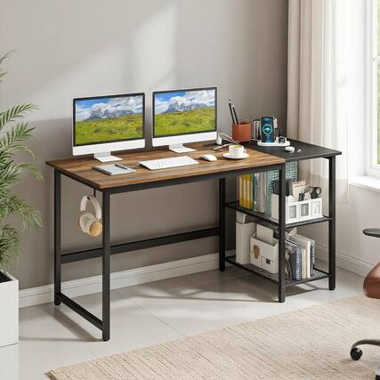 Front. Kadyn - 59 Inch Home Office Computer Desk with Removable Storage Shelves-Rustic Brown, Home Office Desks, Gaming Computer Desks - Brown.