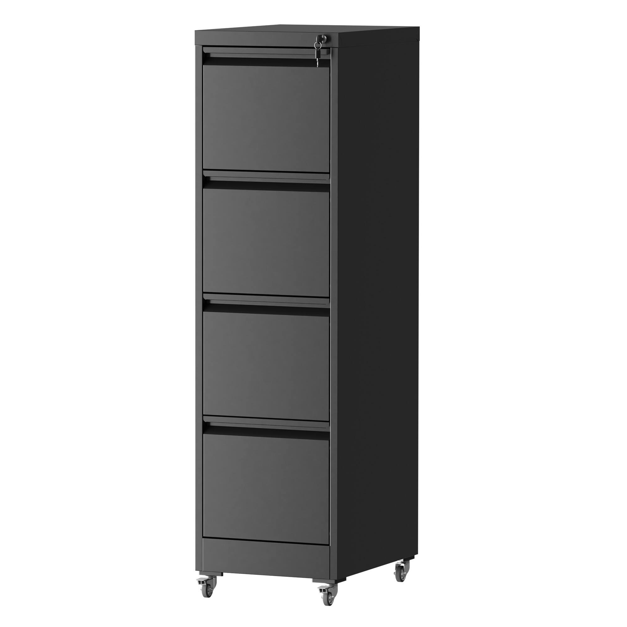Dexmalle - Dexmalle-17.71D*15.16W*52.28H 4 Drawer Metal Locking Vertical File Cabinet with Lock and Wheels-Black