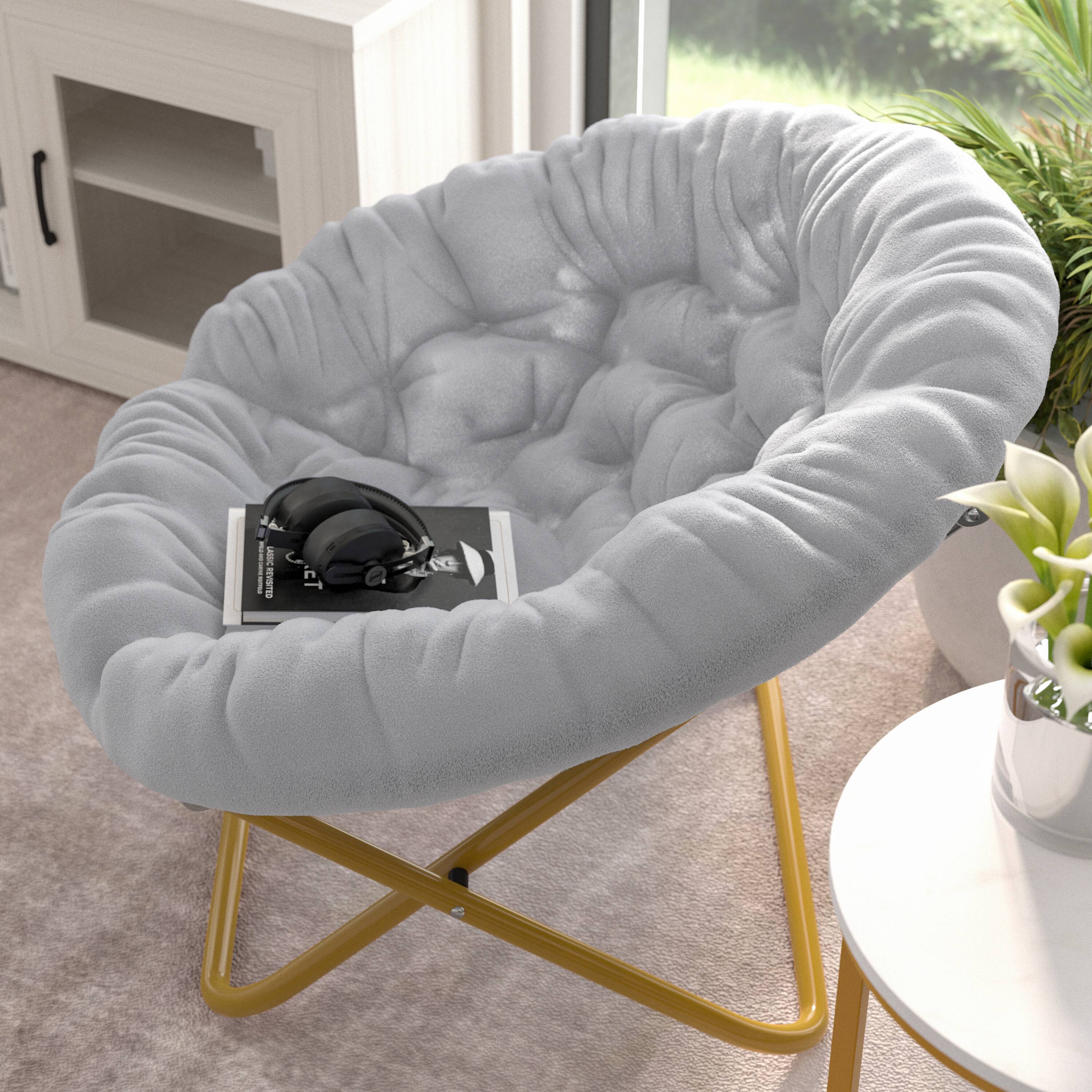Alt View 3. Emma + Oliver - Ersa Oversize Folding Saucer Chair with Cozy Faux Fur Cushion and Metal Frame for Dorms, Bedrooms, Apartments and More - Gray Faux Fur/Soft Gold Frame.
