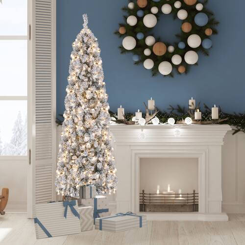 Alt View 8. Winado - 7.5FT Pre-lit Pencil Christmas Tree Snow Flocked Artificial with Lights, Branch Tips, Base for Indoor Holiday Decoration - Green.