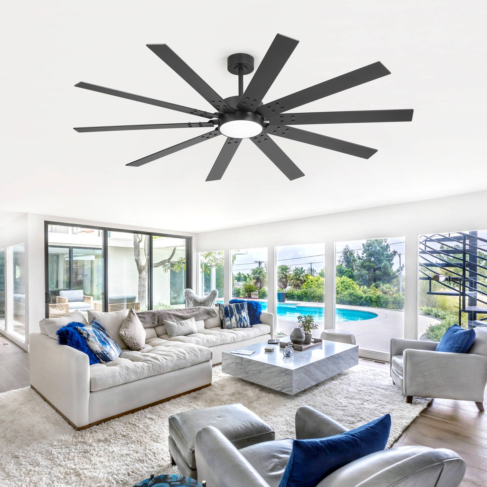 Left. Breezary - 72-Inch Large Ceiling Fan with Dimmable LED Light, 10 Plywood Blades, DC Motor, Remote Control, Sloped Ceiling - Black & Walnut.