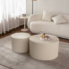 Loheer - Nesting Coffee Table Set of 2 Modern Drum Side Table Wave Stripe Round End Table for Living Room - Beige