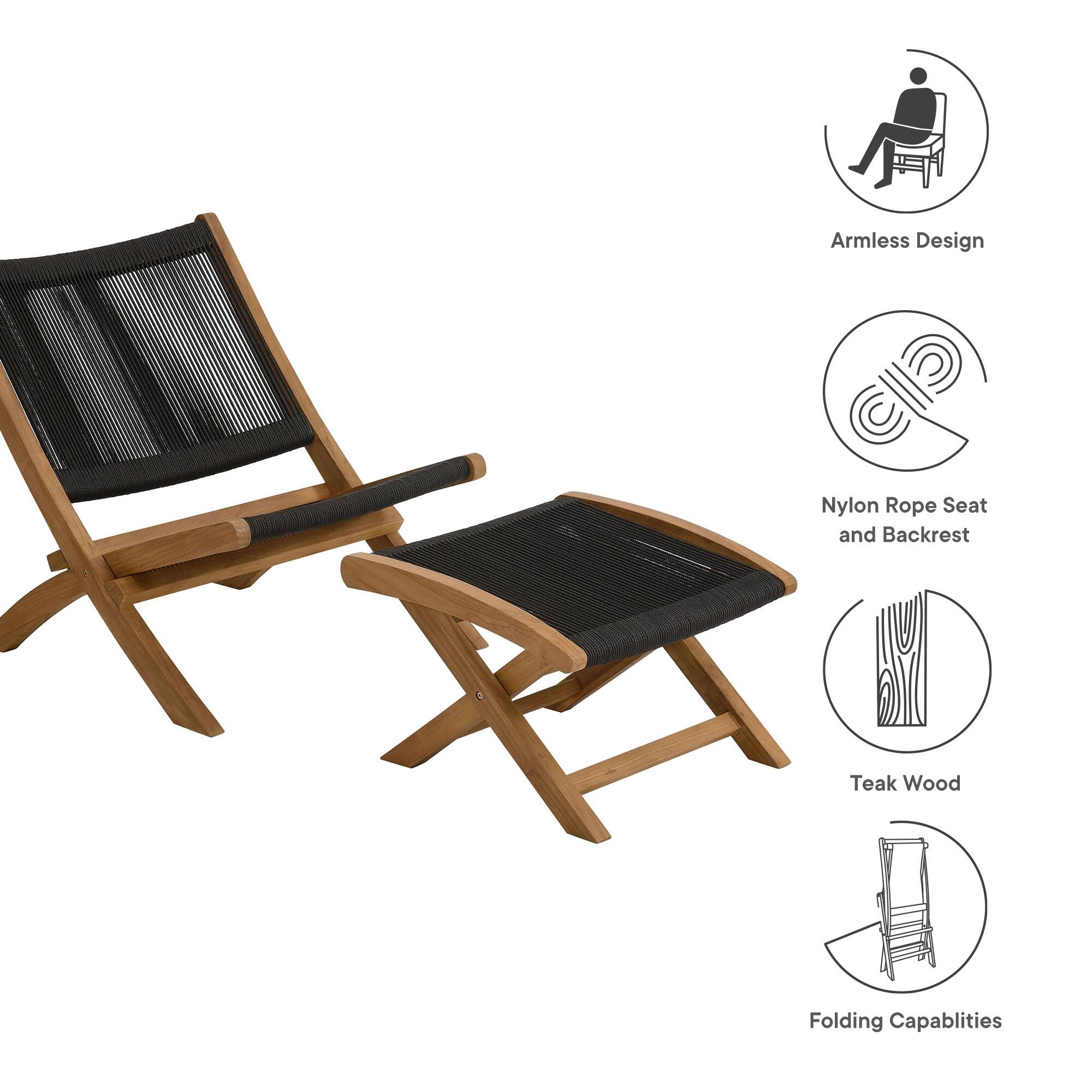 - Armless Design
- Nylon Rope Seat and Backrest
- Teak Wood
- Folding Capabilities