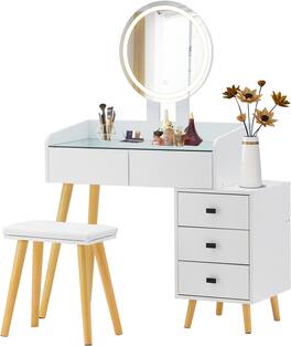 Ecooso - LED Lighted Makeup Vanity with Glass Top, Extendable Table & 5 Drawers - White