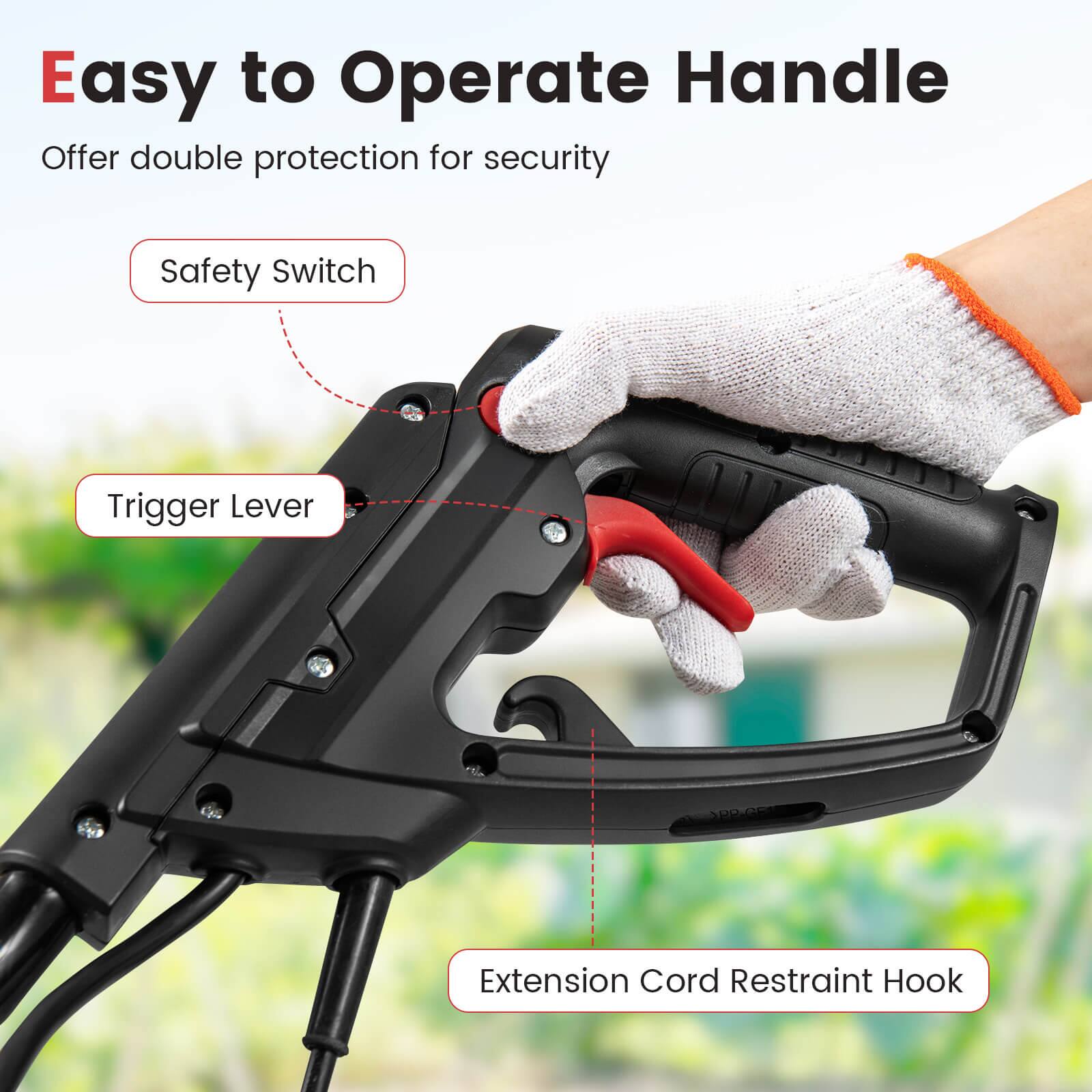 Easy to Operate Handle  
Offer double protection for security  

- Safety Switch  
- Trigger Lever  
- Extension Cord Restraint Hook
