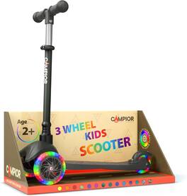 Campior - Mini 3-Wheel Kids Scooter – LED Wheels, Lean-to-Steer, Adjustable Handlebar, Anti-Slip Deck, Rear Brake, for Ages 2+ - Black