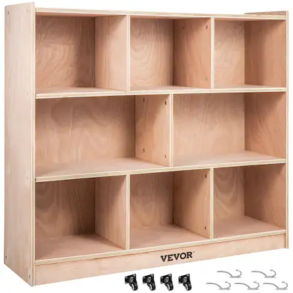 Front. VEVOR - Cubby Mobile Tray Storage Cabinet, 8-Compartment Cubby Storage Shelf, Cubby Storage Cabinet 3-shelf, Classroom Cubbies - Natural.