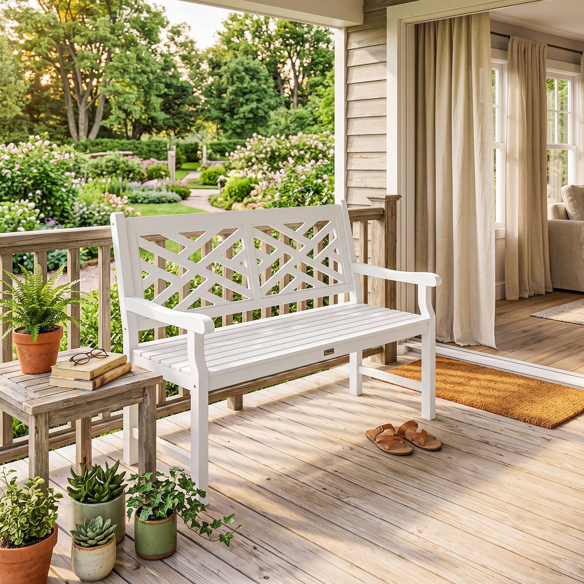 Alt View 8. Outsunny - Garden Bench, Wooden Frame Patio Bench with Geometric Pattern - White.