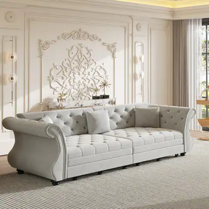 Front. Anysun - 97.6" Oversized Velvet Chesterfield Pull-Out Sofa Bed - Classic Roll Arm, Flower Tufting for Living Room & Apartment - Gray.