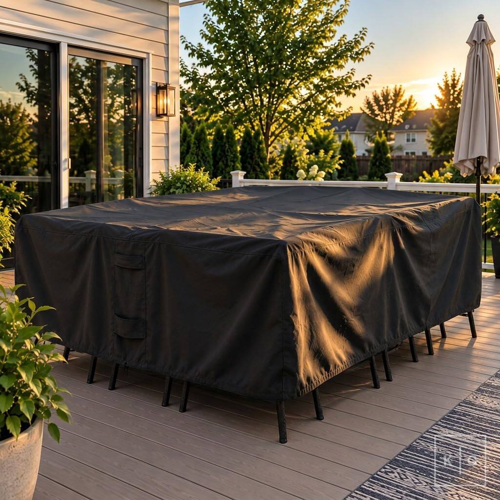 Alt View 4. KHOMO GEAR - Patio Table and Chair Set Cover - Heavy Duty, Water Resistant Outdoor Furniture Cover, Rectangular - 128"L x 82"W x 25"H - Black.