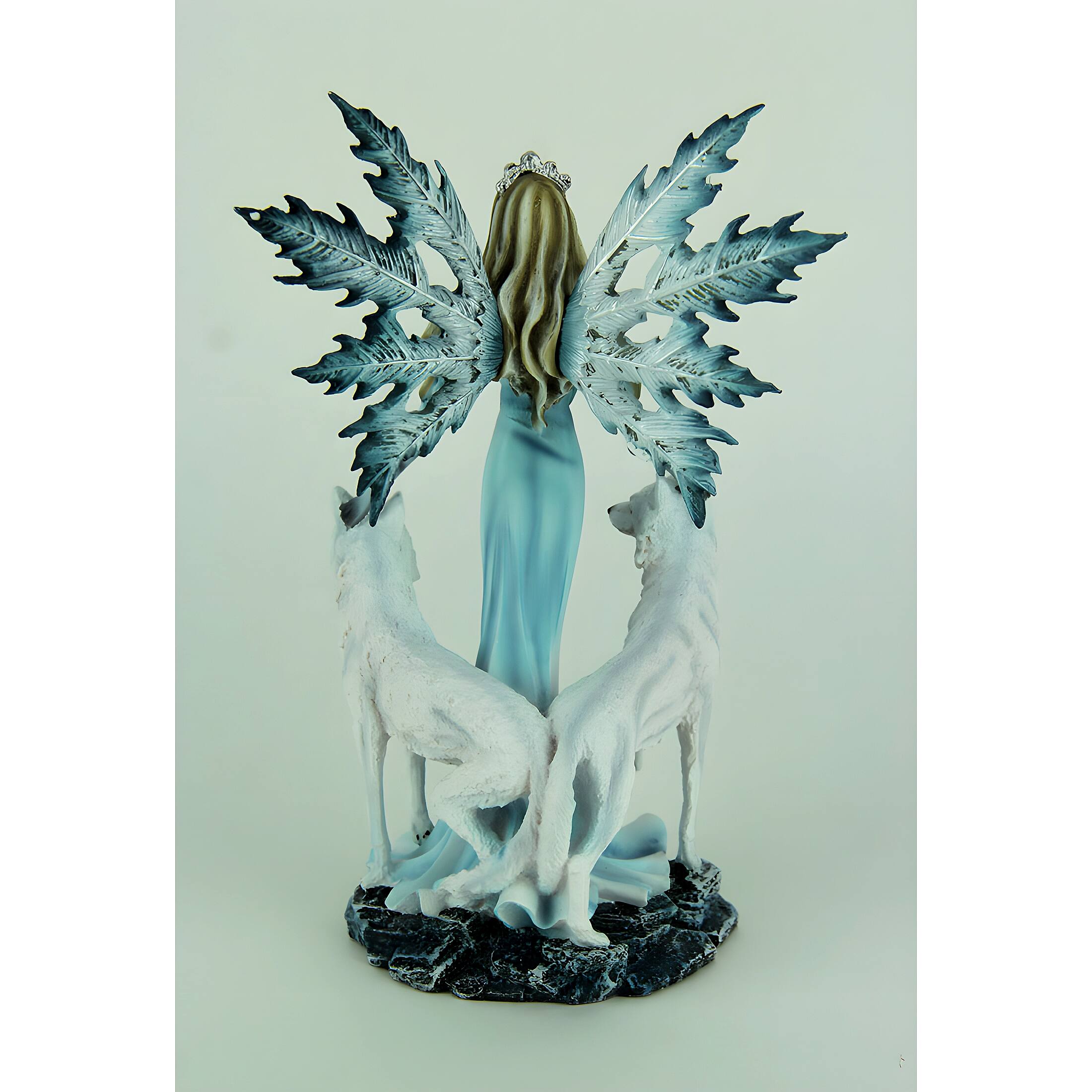 Alt View 2. Everspring Import Co. - Blue Ice Fairy Standing With Winter White Wolves Statue - Blue.