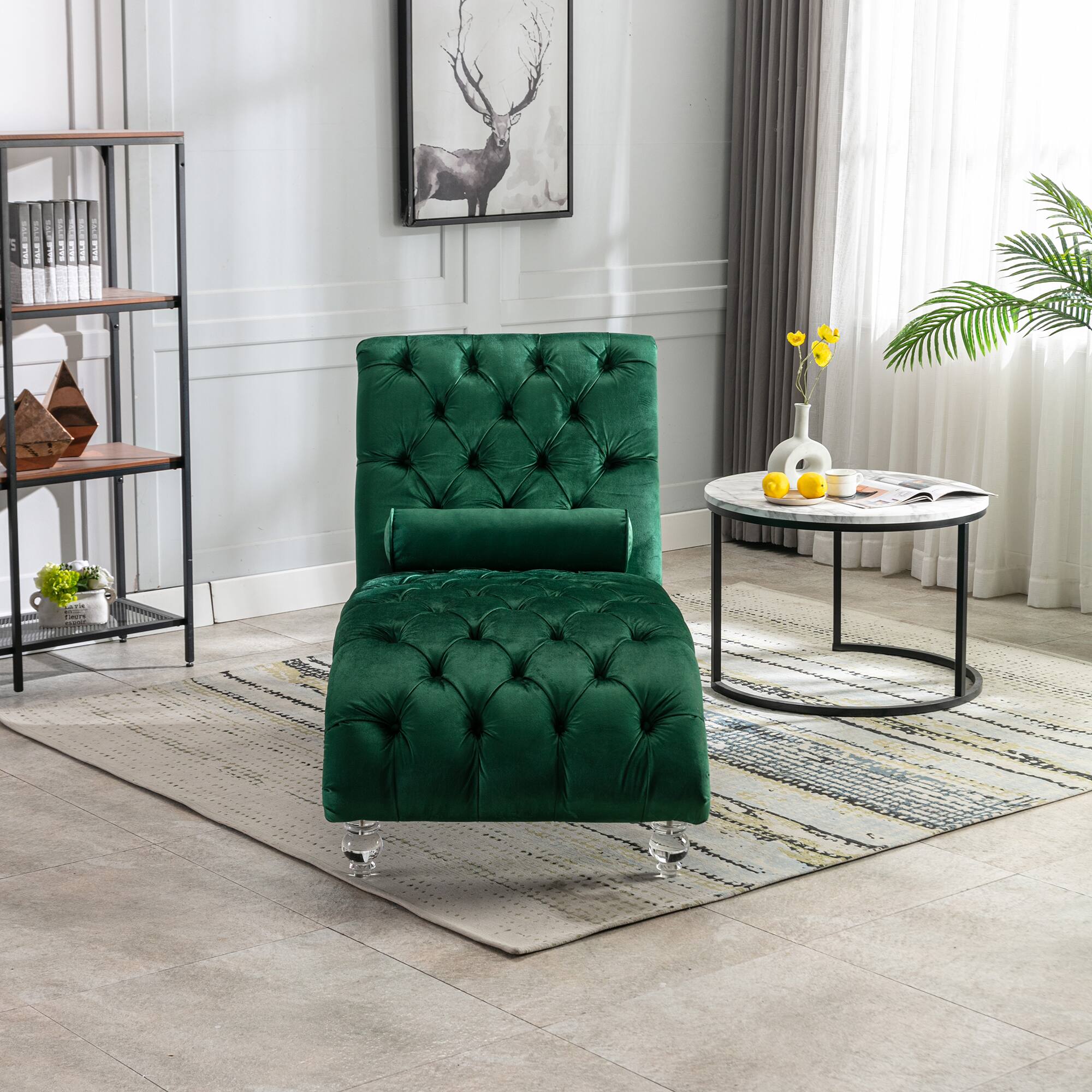 Left. Trinkets Crazed - Velvet Indoor Chaise Lounge Chair with Toss Pillow, Upholstered Modern Tufted Button Lounge Chair with Acrylic Legs - Emerald.