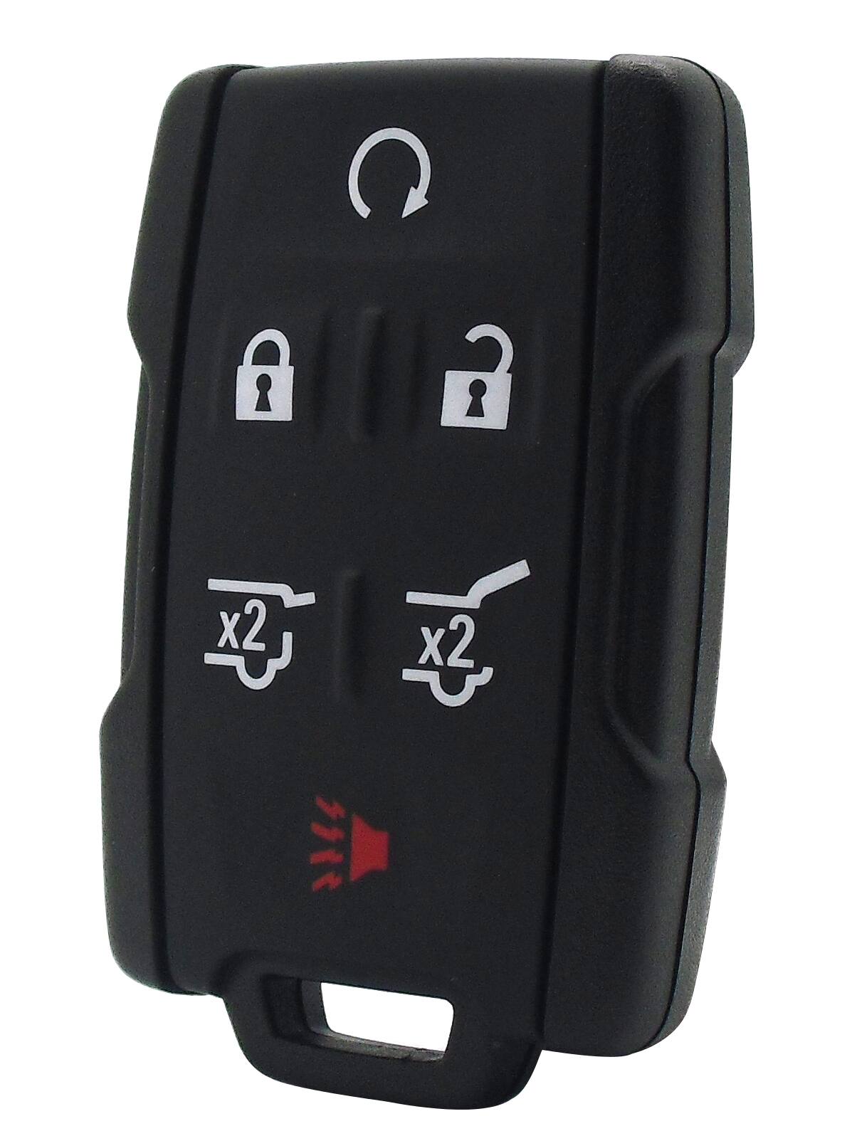 Left. Car Keys Express - GM Keyless Entry Remote - 6 Buttons (Lock, Unlock, Remote Start, Hatch, Hatch Glass, and Panic) - Black.