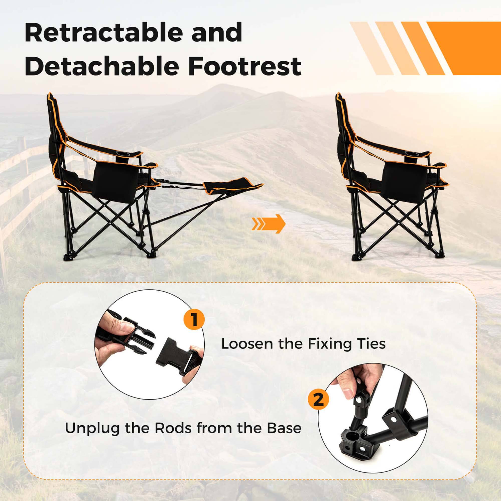 Retractable and Detachable Footrest

1. Loosen the Fixing Ties
2. Unplug the Rods from the Base