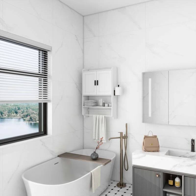 Left. Hivvago - White Bathroom Wall Cabinet with Towel Bar and Storage Shelf - White.