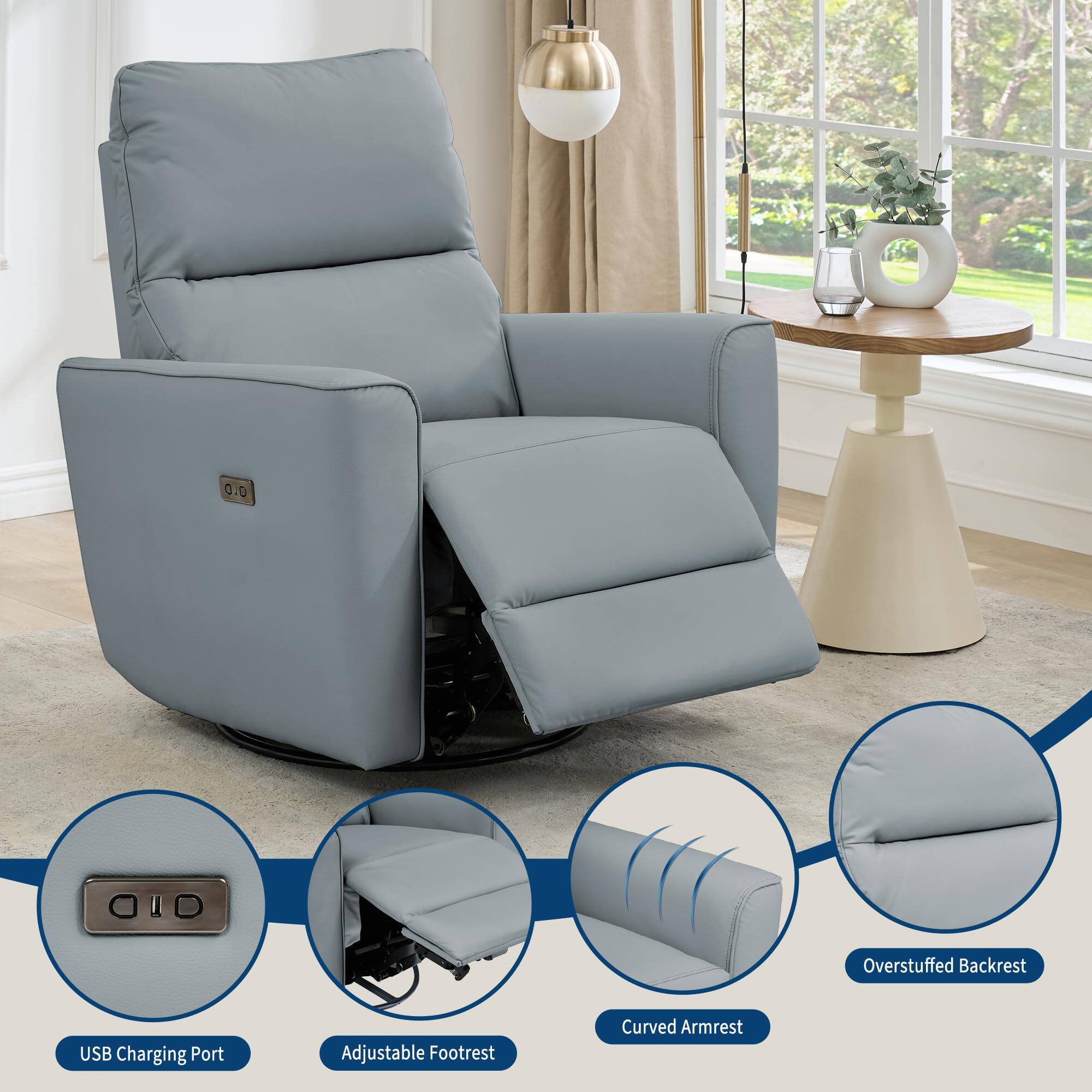 - Overstuffed Backrest
- Curved Armrest
- Adjustable Footrest
- USB Charging Port